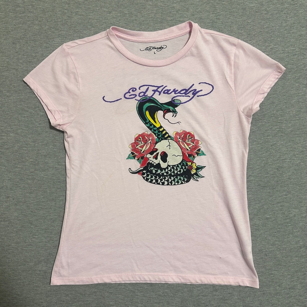 Ed Hardy Womens Large Pink Cobra Skull Roses Tattoo Art Graphic T Shirt